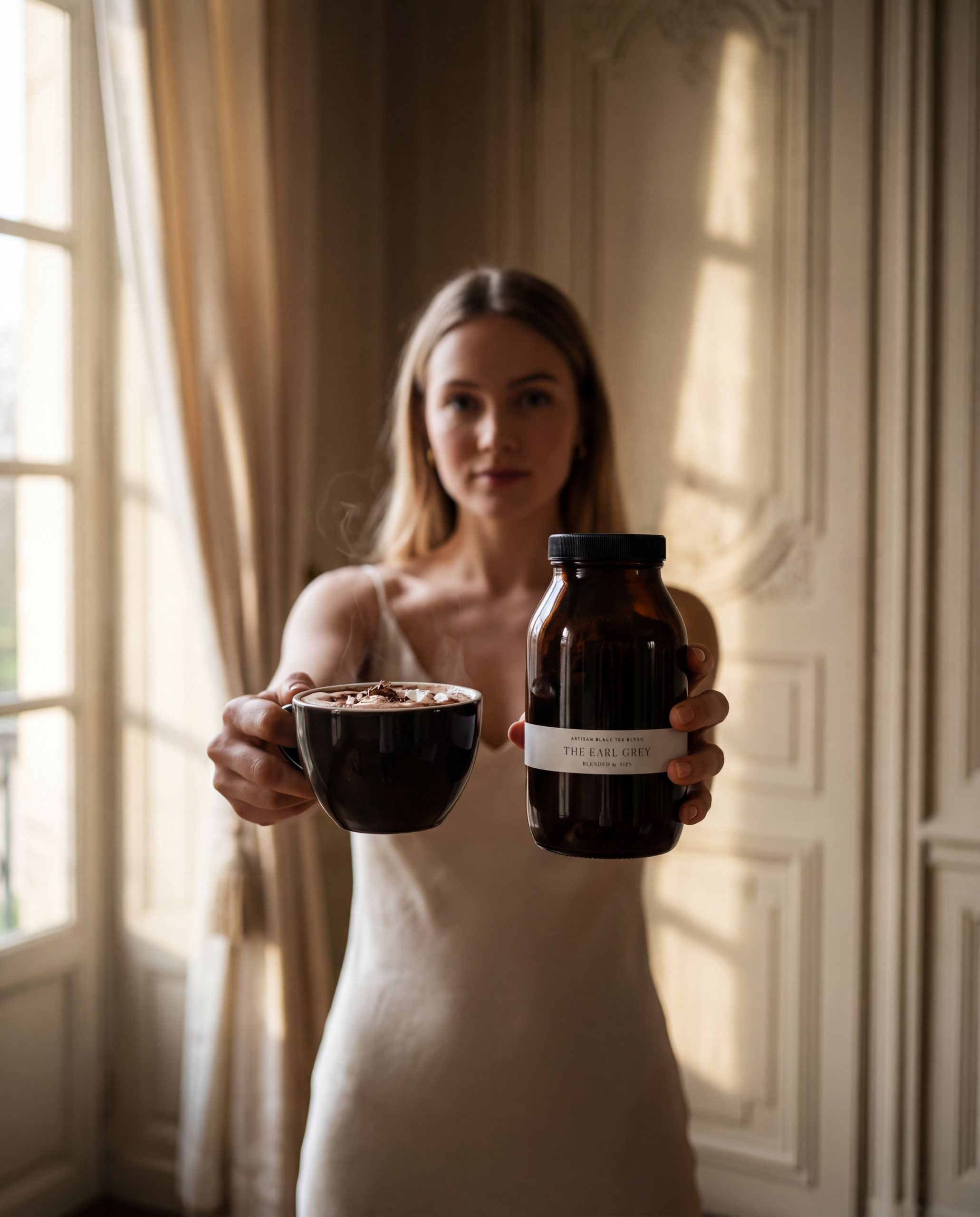 Hero shot: finished Earl Grey hot chocolate and tea jar presented