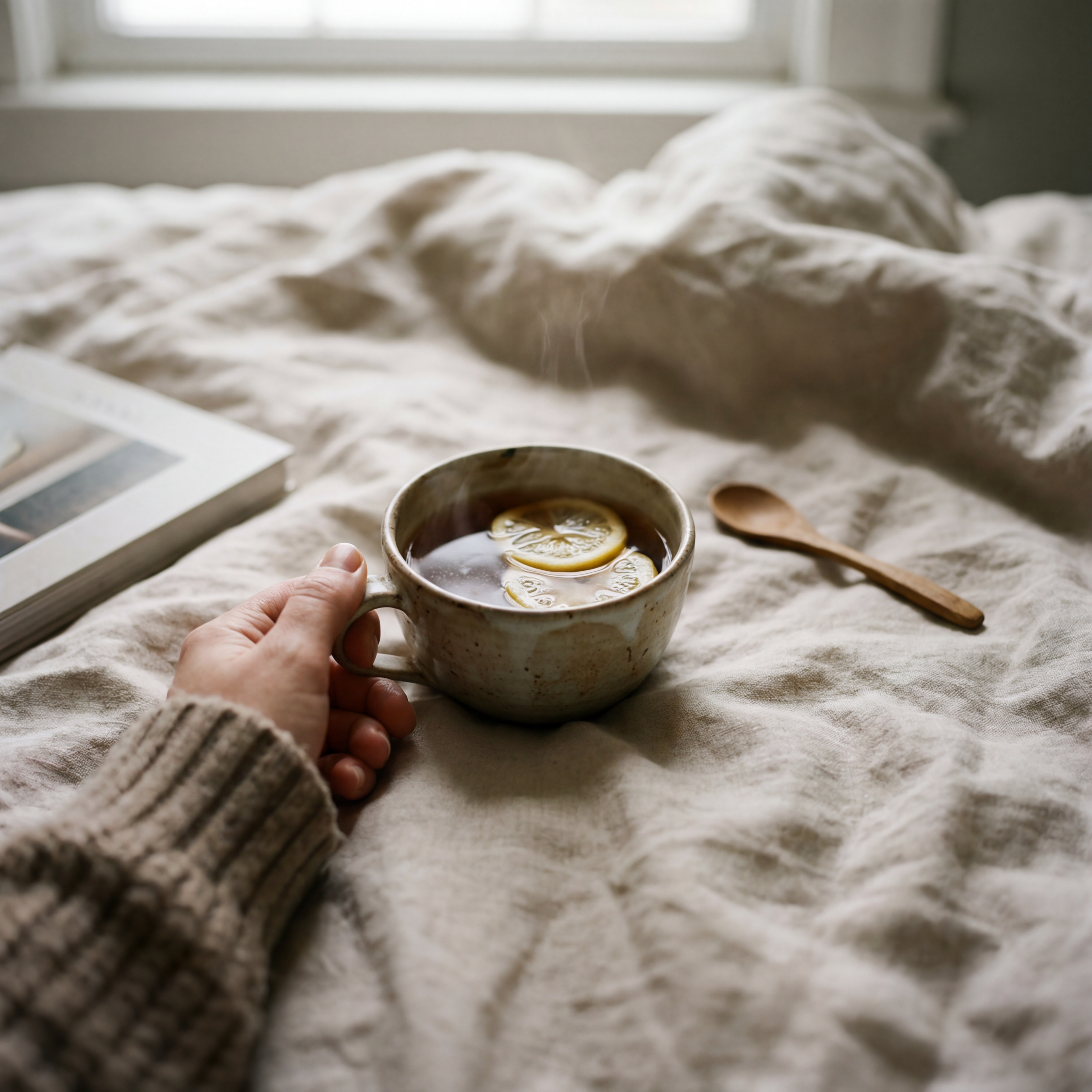 Hands pouring tea into a cup near a window