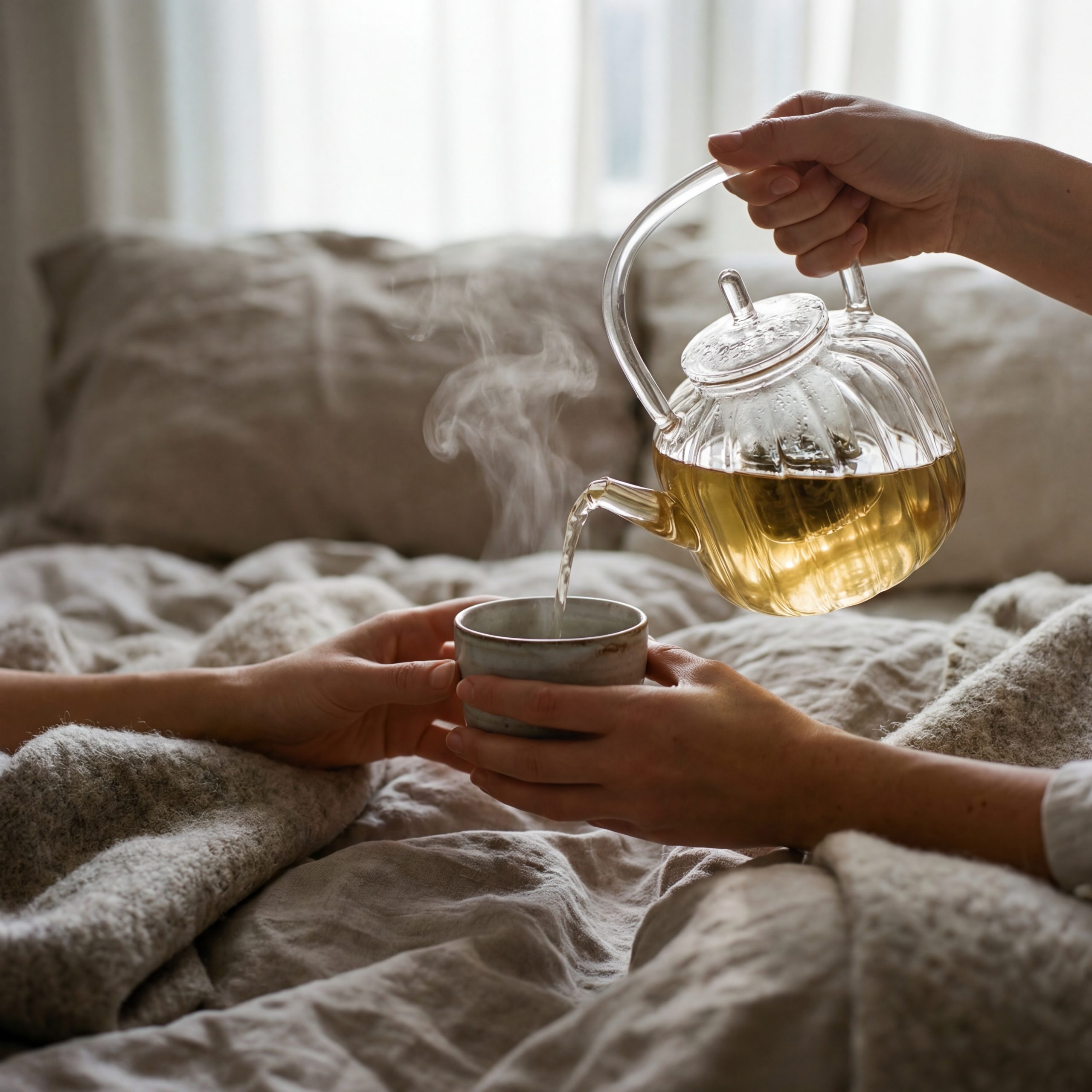 A calm tea still life: cup, linen, and soft light